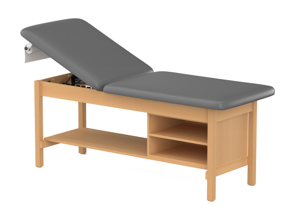 H-Brace, Hardwood Leg style Treatment Table with Shelving Adjustable Treatment Table