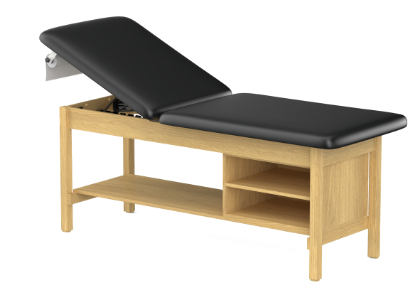 H-Brace, Hardwood Leg style Treatment Table with Shelving Adjustable Treatment Table