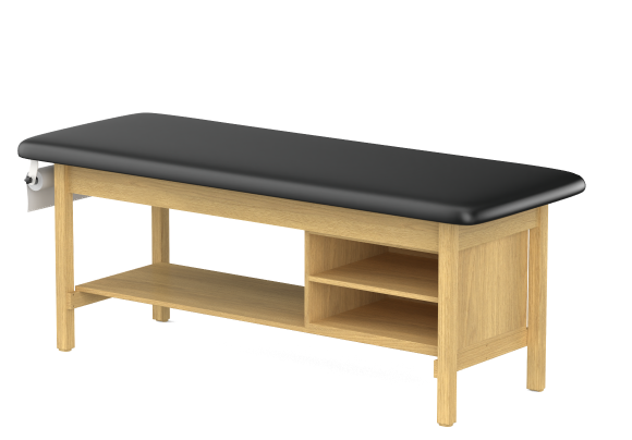 H-Brace, Hardwood Leg style, Flat Top, Treatment Table with Shelving