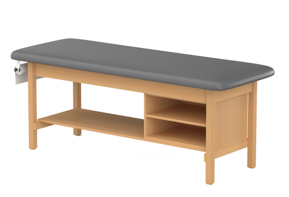 H-Brace, Hardwood Leg style, Flat Top, Treatment Table with Shelving