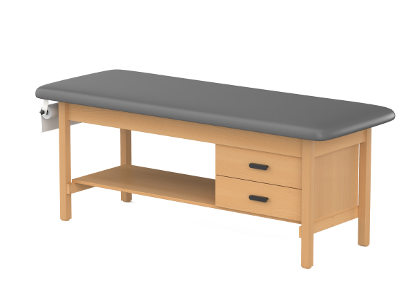 H-Brace, Hardwood Leg style, Flat Top, Treatment Table with Shelf & Two Drawers
