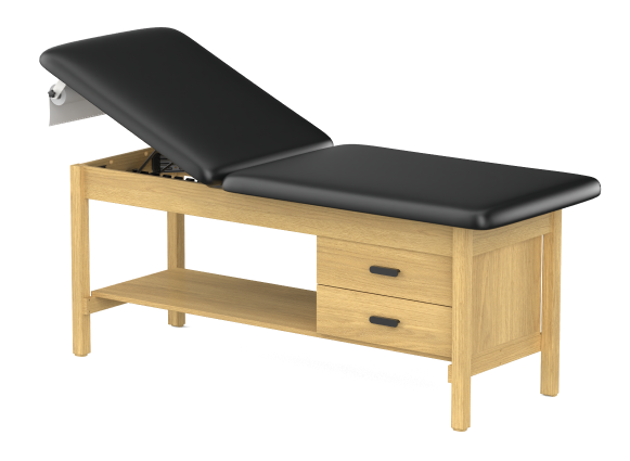H-Brace, Hardwood Leg style Treatment Table with Shelf & Two Drawers Backrest Adjustable Treatment Table