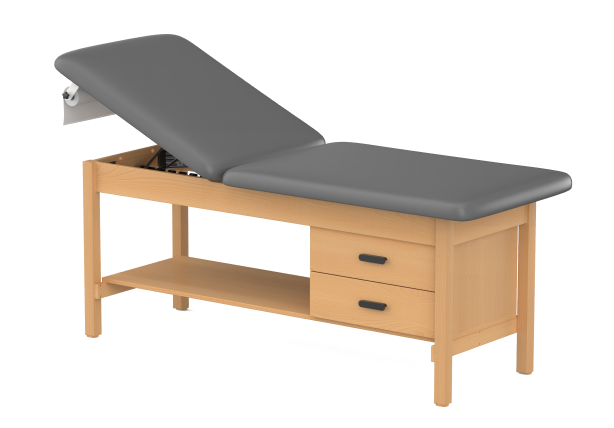H-Brace, Hardwood Leg style Treatment Table with Shelf & Two Drawers Backrest Adjustable Treatment Table
